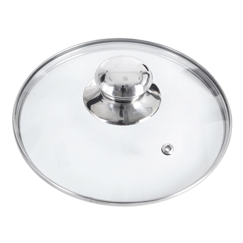 Heat-resistant glass lid with steel edge and steam outlet