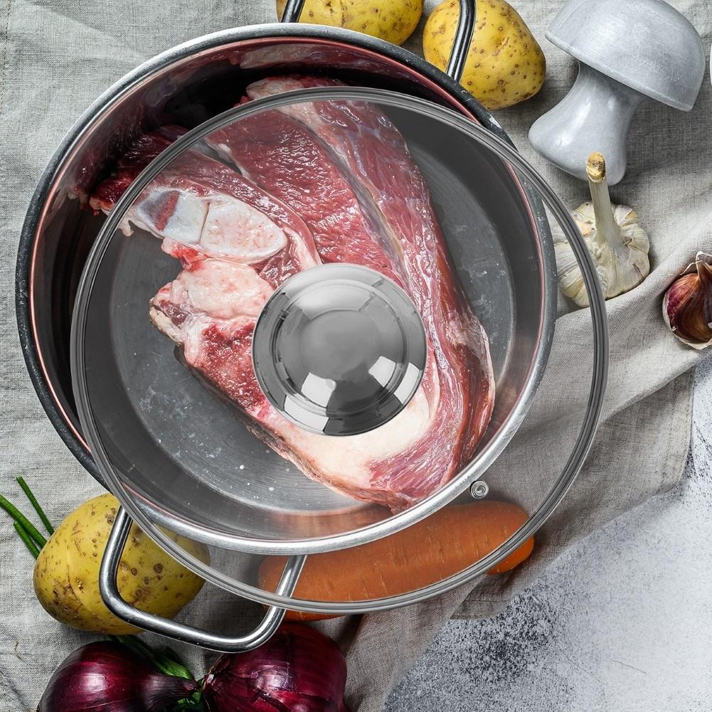 Heat-resistant glass lid with steel edge and steam outlet.