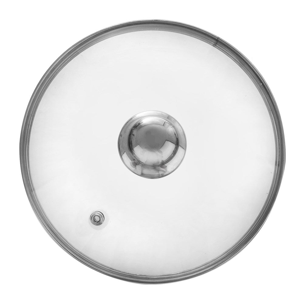 Heat-resistant glass lid with steel edge and steam outlet.