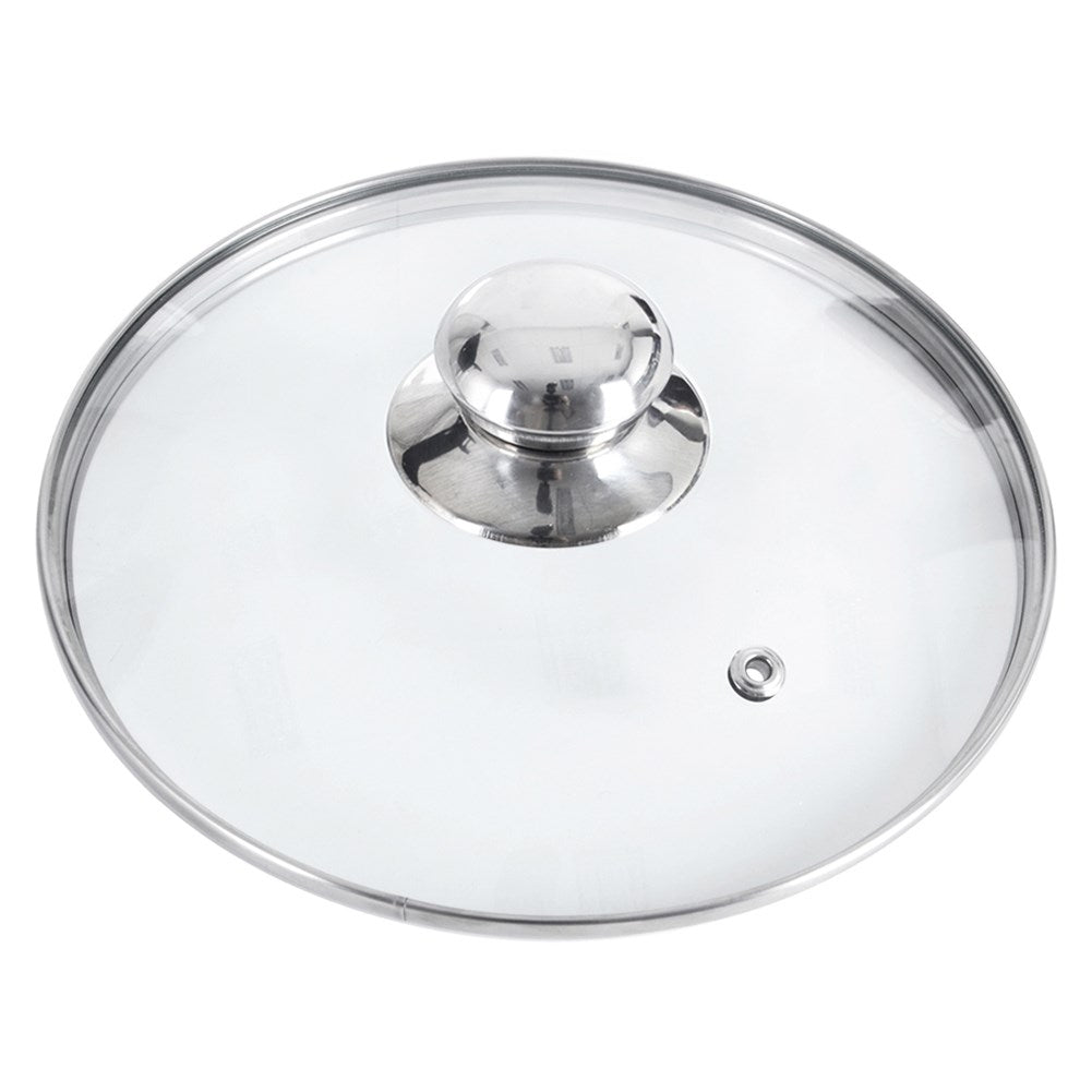 Heat-resistant glass lid with steel edge and steam outlet.