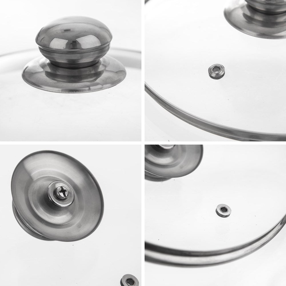 Heat-resistant glass lid with steel edge and steam outlet.