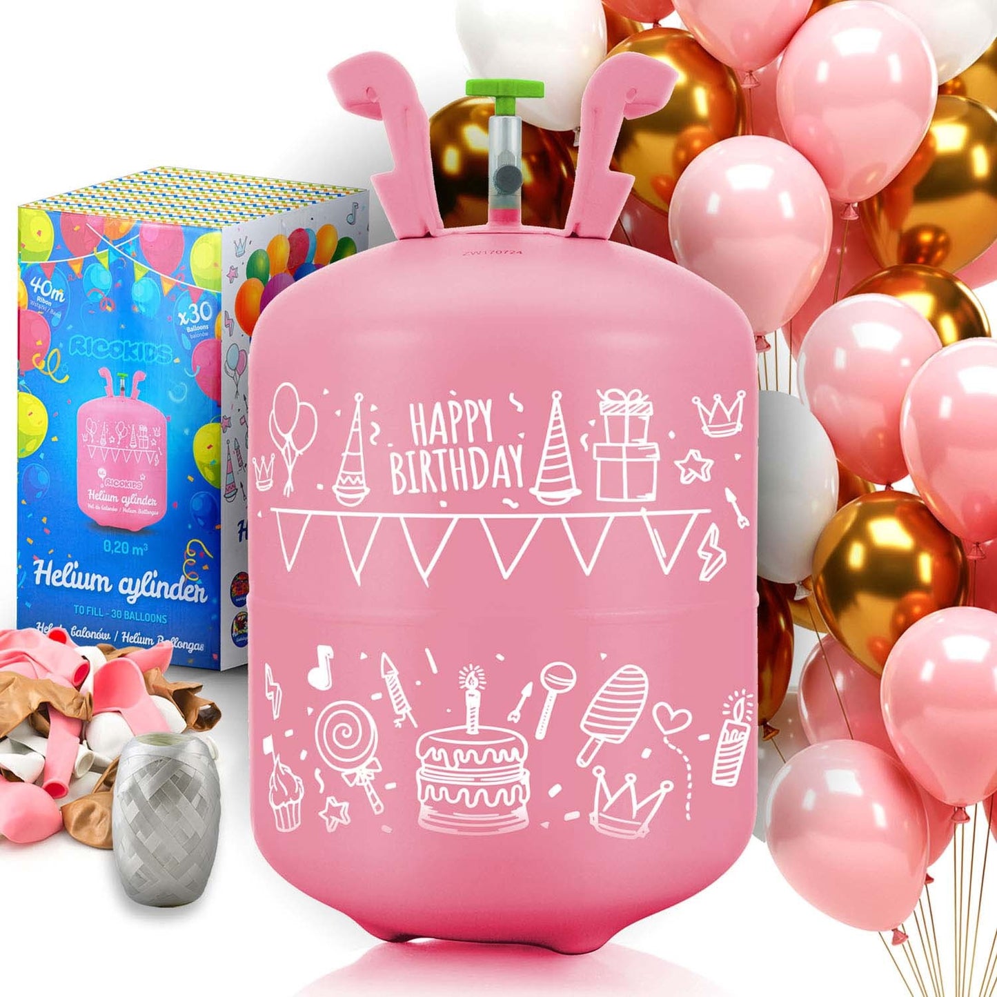Helium cylinder 0.20 m3 with balloons and ribbon Ricokids