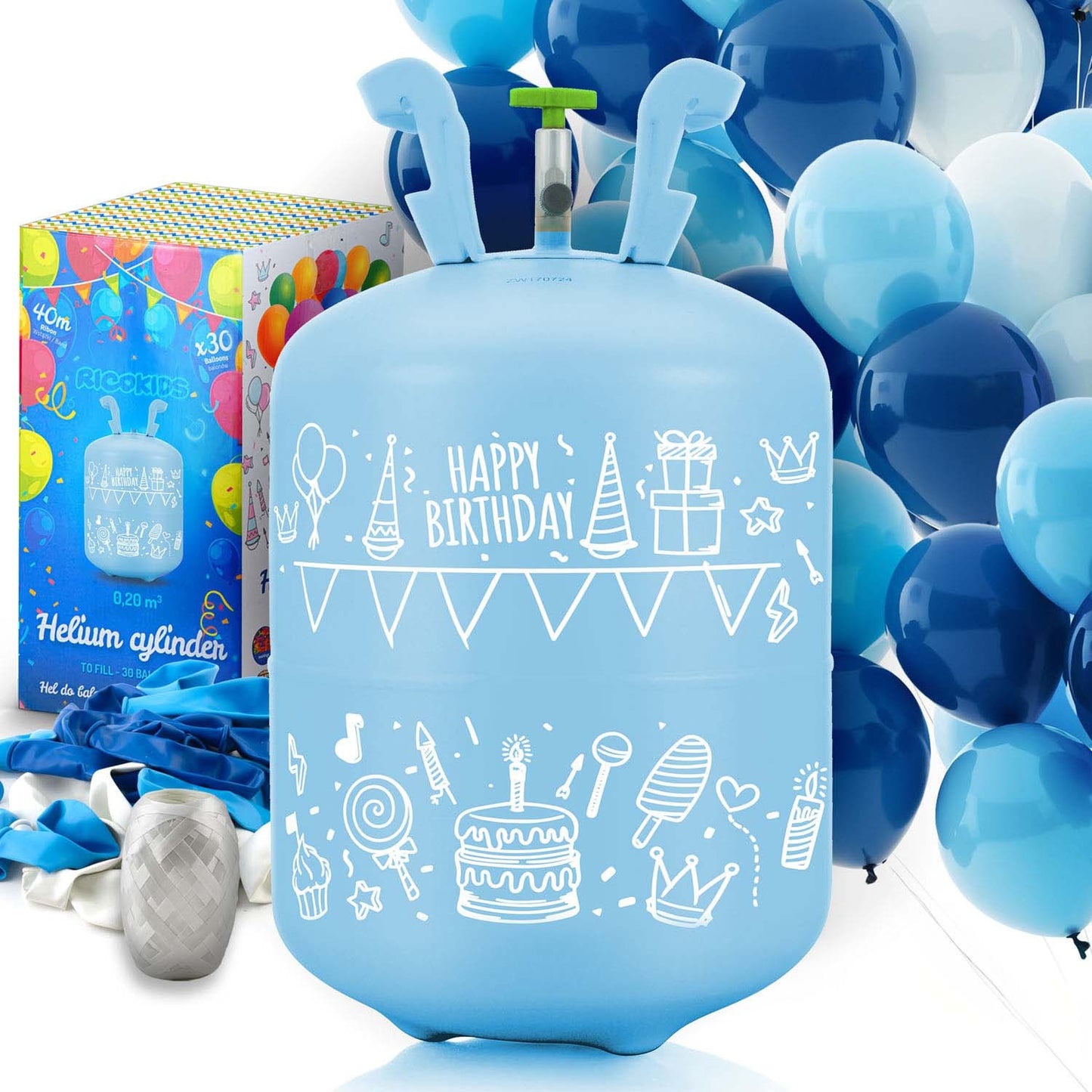 Helium cylinder 0.20 m3 with balloons and ribbon Ricokids