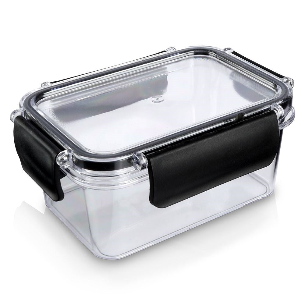 Hermetically sealed food box with rubber seal and four clips
