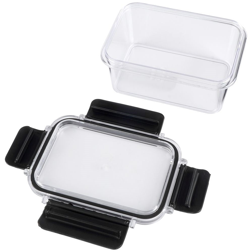 Hermetically sealed food box with rubber seal and four clips