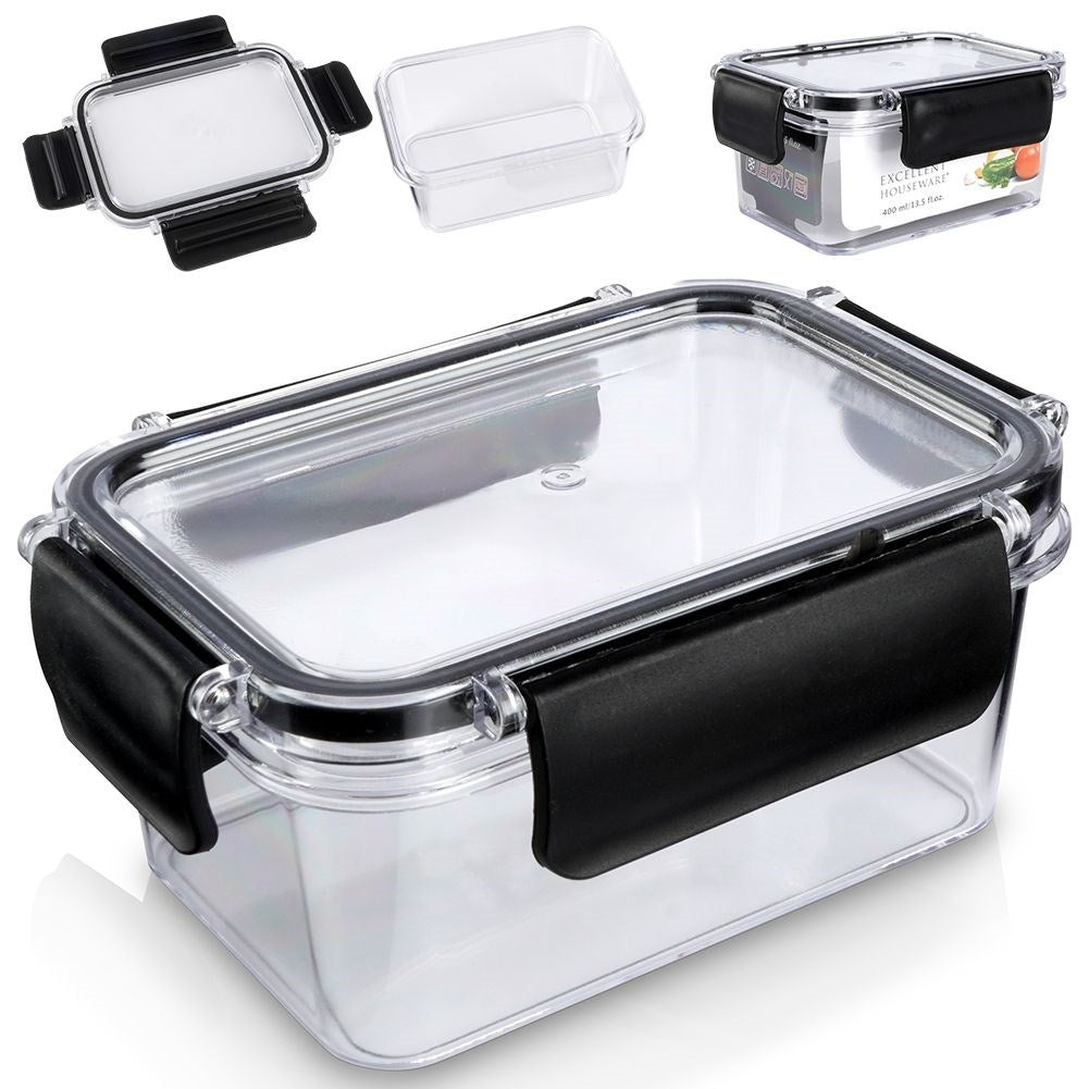 Hermetically sealed food box with rubber seal and four clips