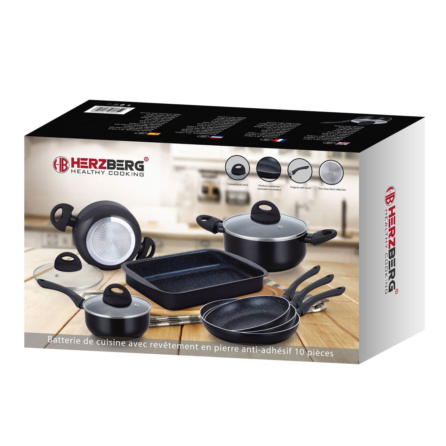 Herzberg 10 Pieces Marble Coated Cookware Set - Black
