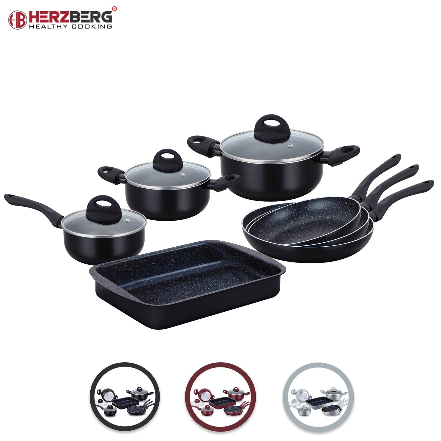 Herzberg 10 Pieces Marble Coated Cookware Set - Black