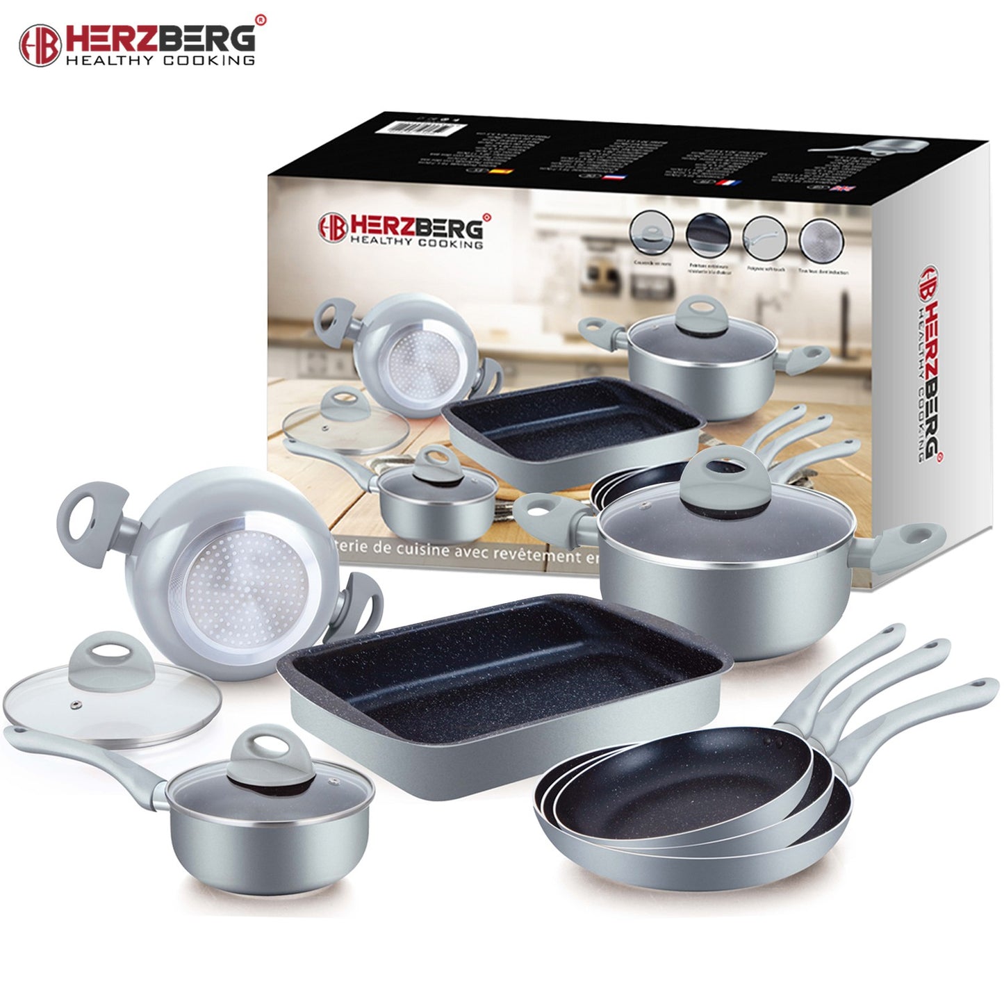 Herzberg 10 Pieces Marble Coated Cookware Set - Silver