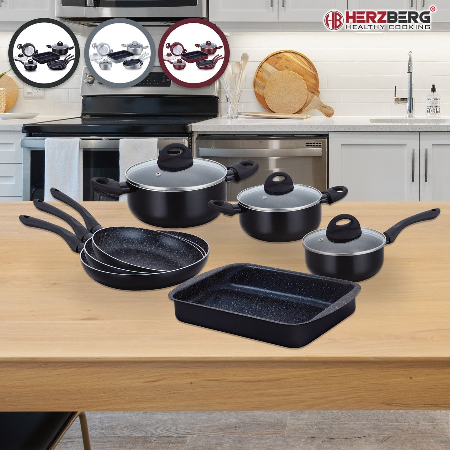 Herzberg 10 Pieces Marble Coated Cookware Set - Silver