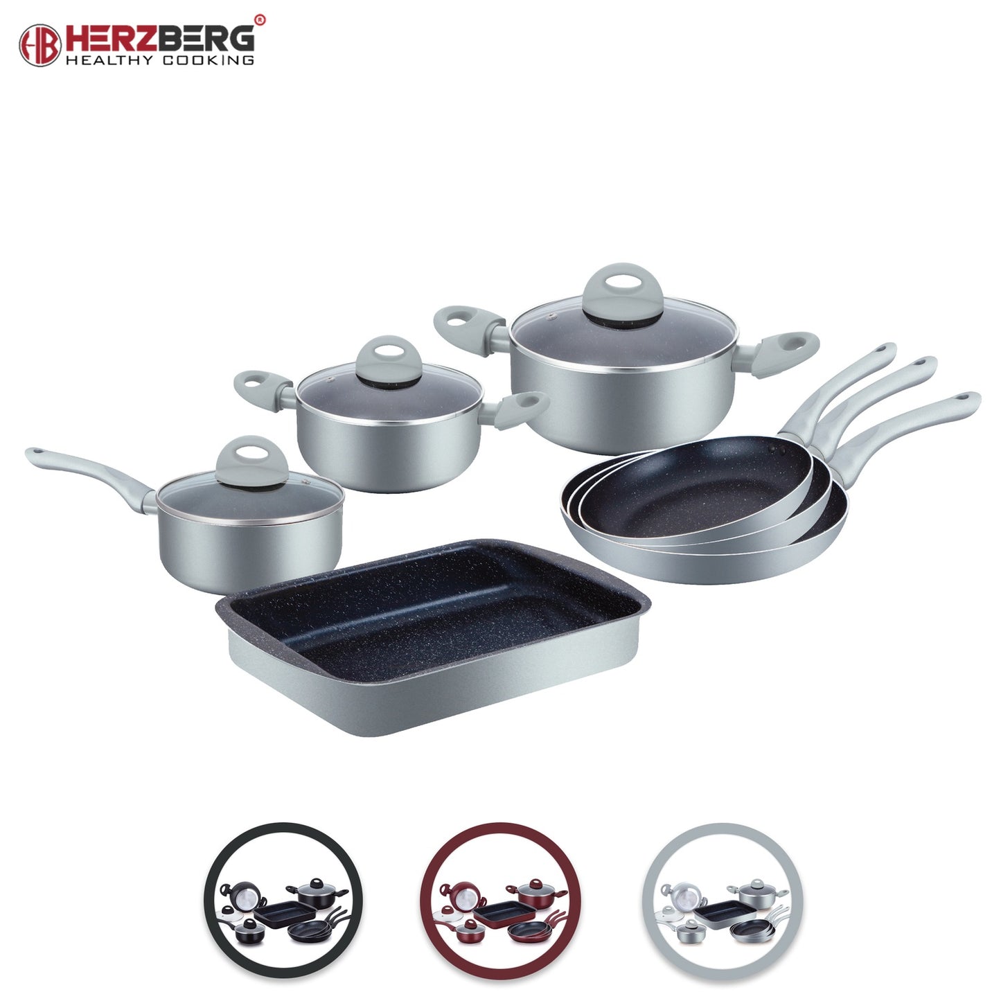 Herzberg 10 Pieces Marble Coated Cookware Set - Silver