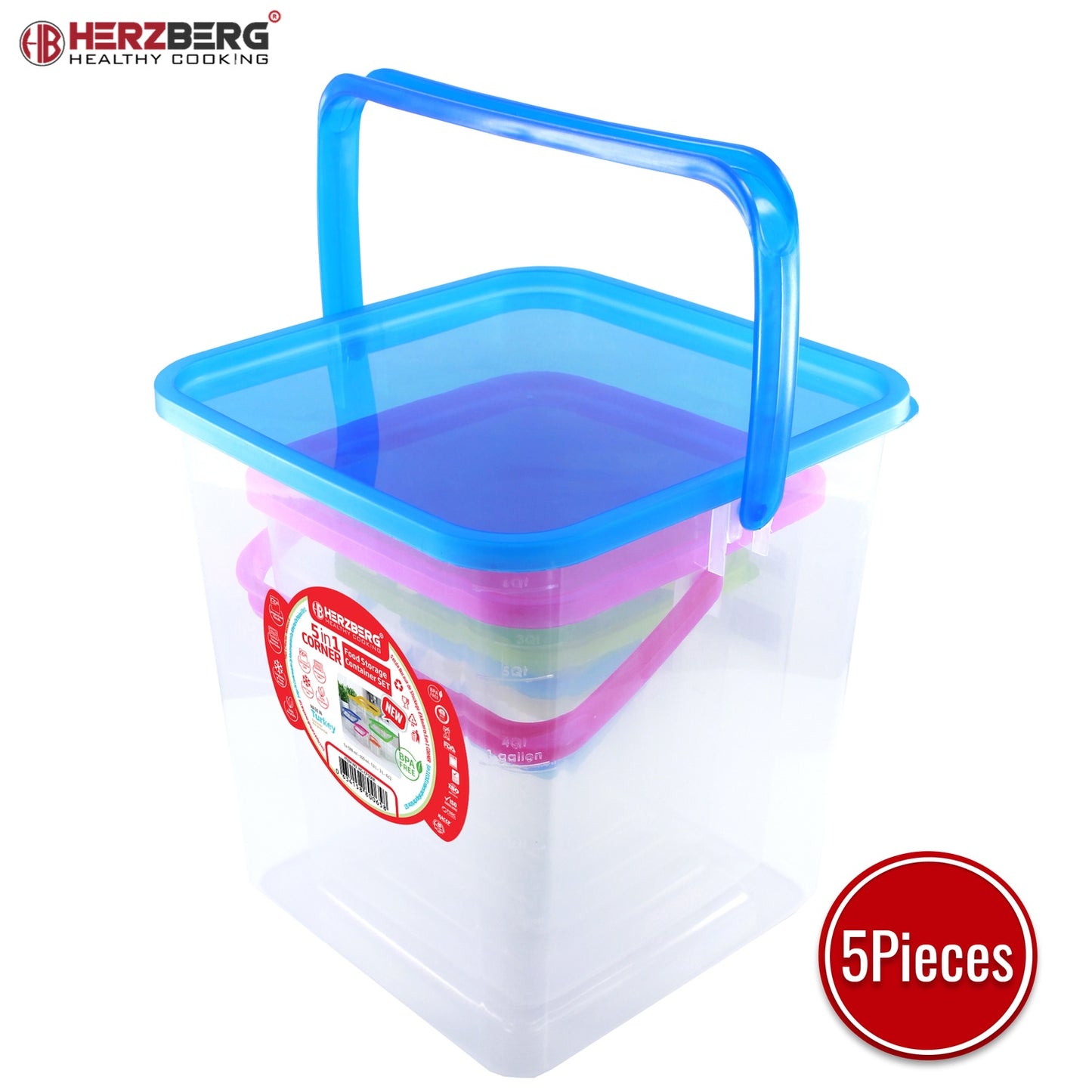 Herzberg 5-in-1 Corner Cubic Food Storage Container SET with Handle
