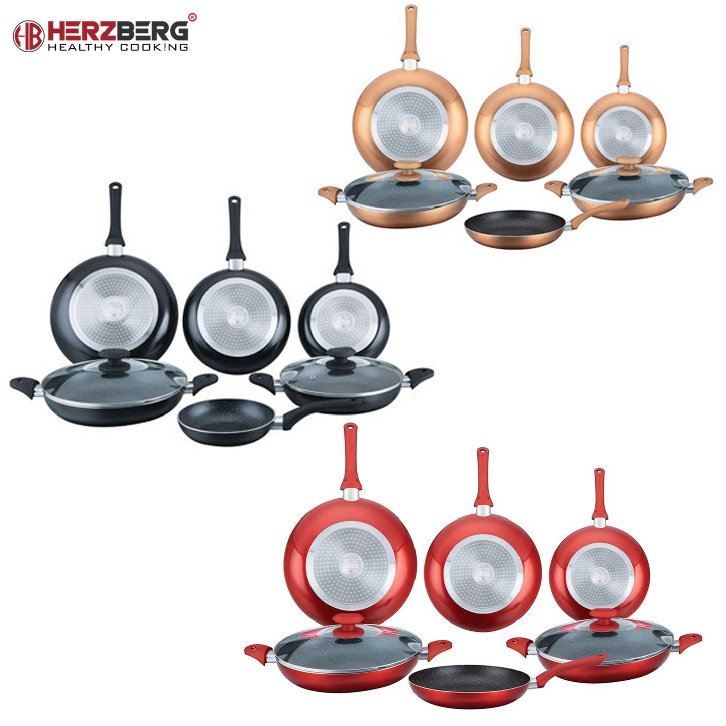 Herzberg 8 Pieces Marble Coated Frying Pan Set Red