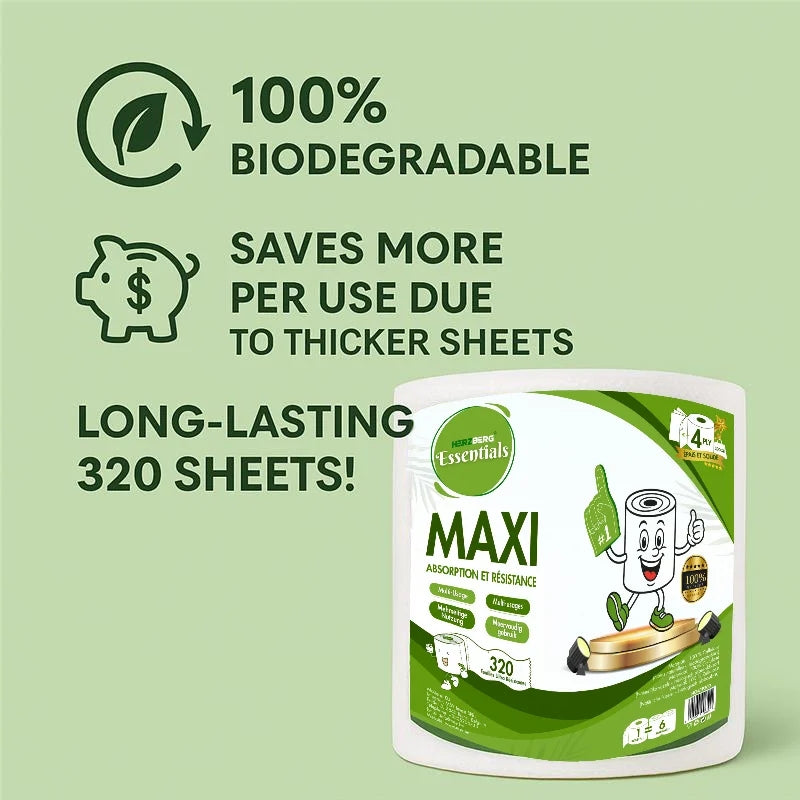 Herzberg Essentials HG-ETP300: Pack of 6 Unscented 4-Ply Biodegradable Cellulose Paper Towel Roll