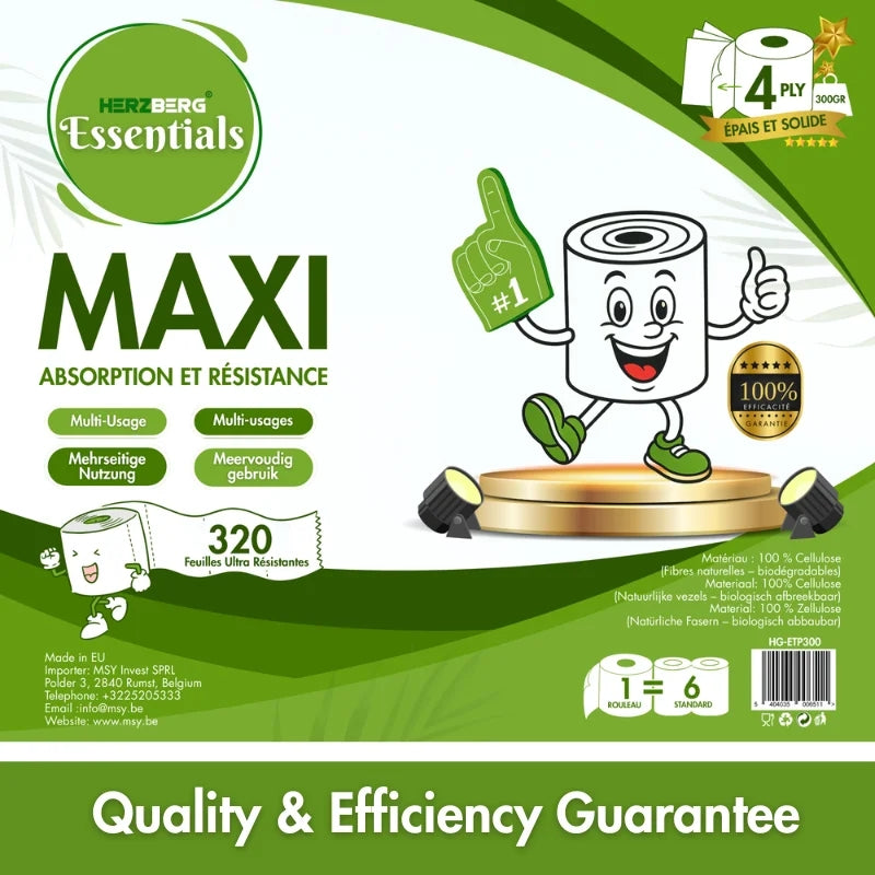 Herzberg Essentials HG-ETP300: Pack of 6 Unscented 4-Ply Biodegradable Cellulose Paper Towel Roll