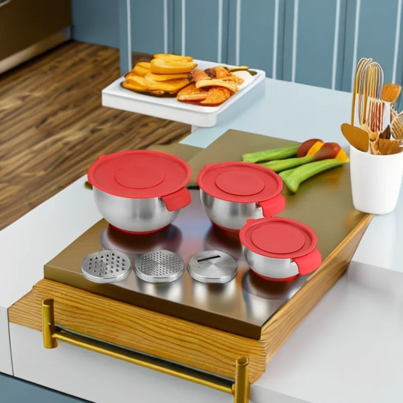 Herzberg HG-04036: 3 Pieces Mixing Bowl with Grater Lid Set
