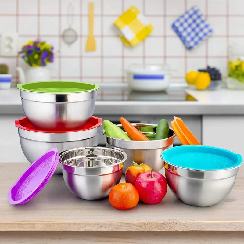 Herzberg HG-04074: 5 Pieces Nesting Mixing Bowl with Silicon Lid