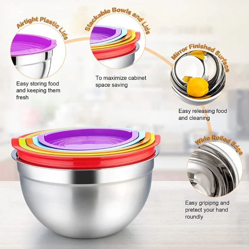 Herzberg HG-04074: 5 Pieces Nesting Mixing Bowl with Silicon Lid