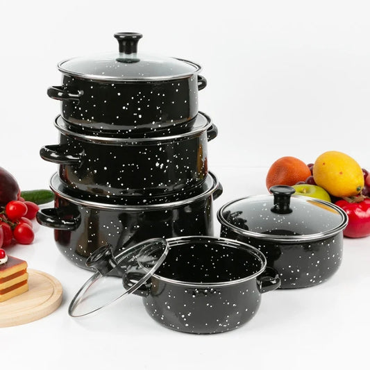 Herzberg HG-04128: 10 Pieces Enamel Kitchen Cooking Pot and Casserole with Glass Lid