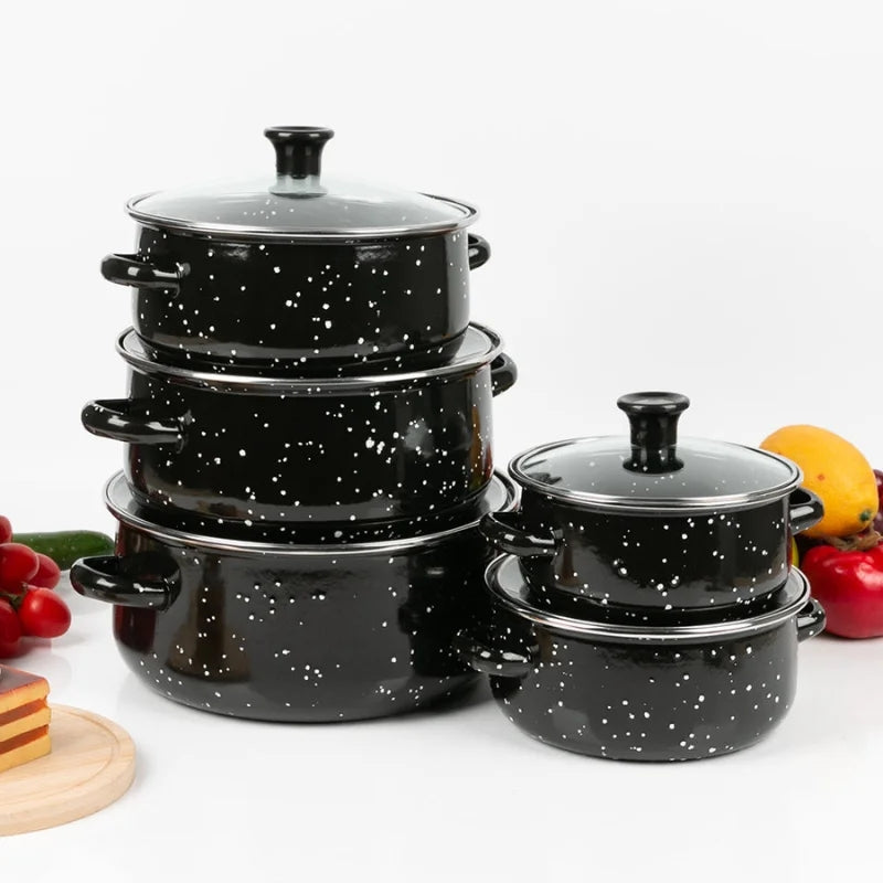 Herzberg HG-04128: 10 Pieces Enamel Kitchen Cooking Pot and Casserole with Glass Lid