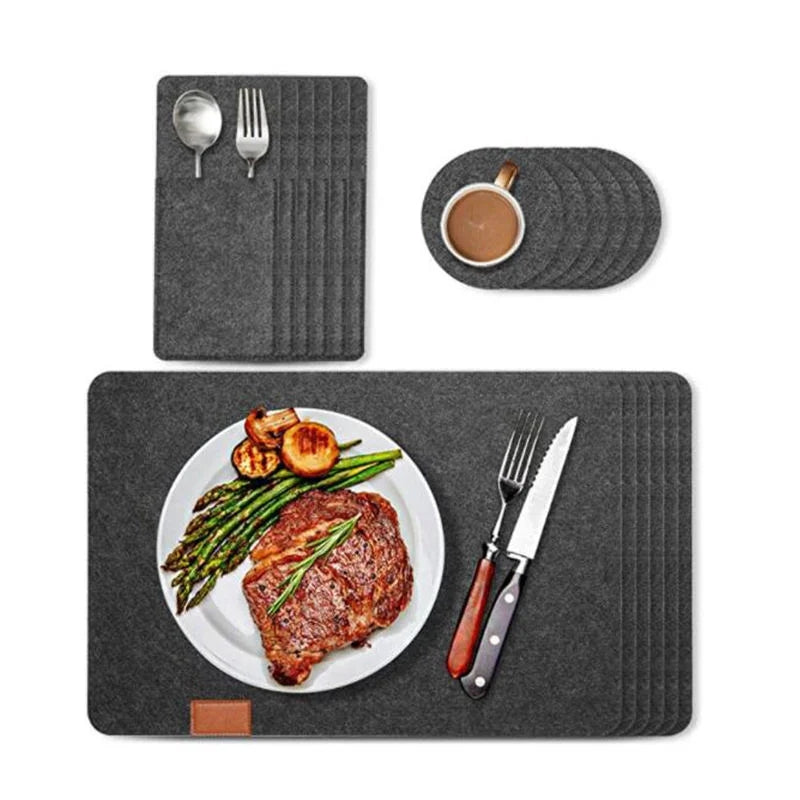 Herzberg HG-04203: 18 Pieces Natural Felt Dining Table Placemat, Cutlery Bag & Coaster Set