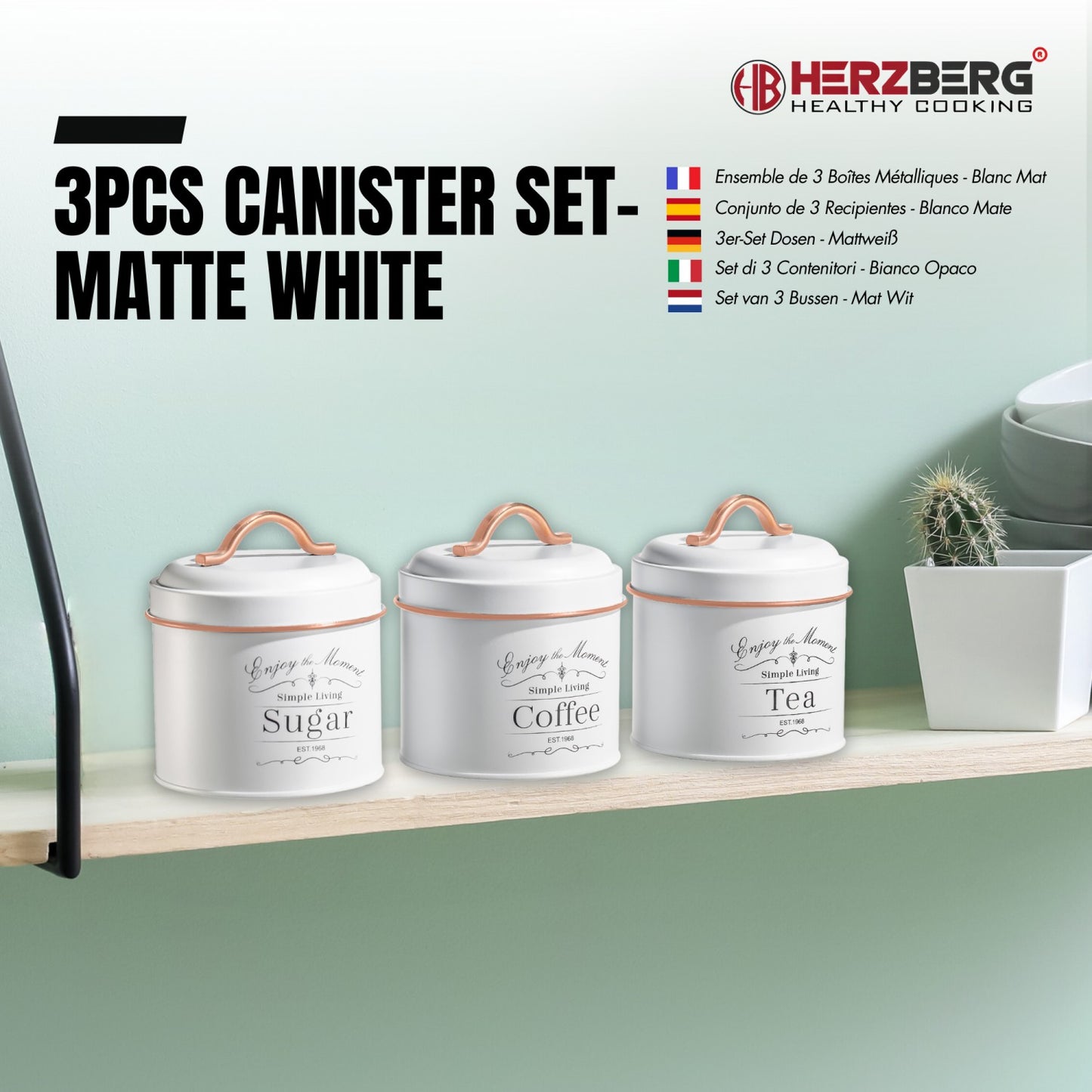 Herzberg HG-04432: 3 Pieces Vintage Caniter Set - White + Rose Gold Trim