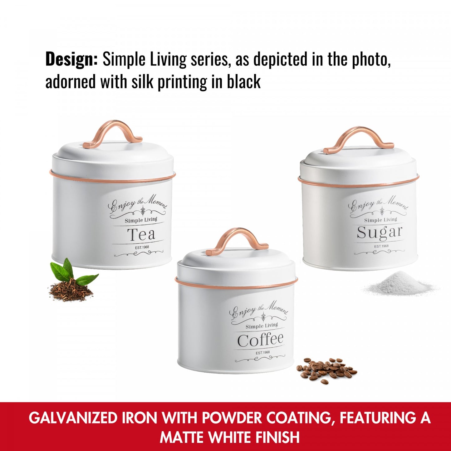 Herzberg HG-04432: 3 Pieces Vintage Caniter Set - White + Rose Gold Trim