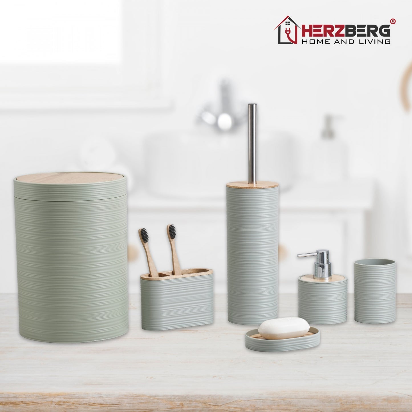 Herzberg HG-04449: 6 Pieces Bamboo Bathroom Set - Sage Green