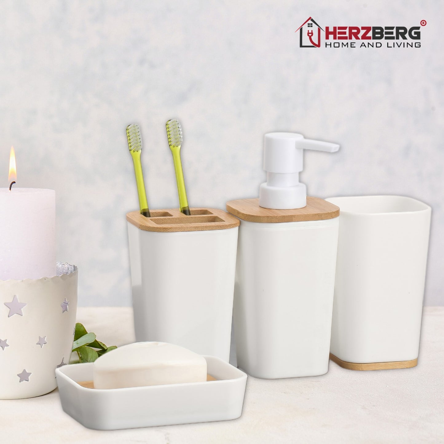Herzberg HG-04463: 6 Pieces Bamboo Bathroom Set - Matte Cream