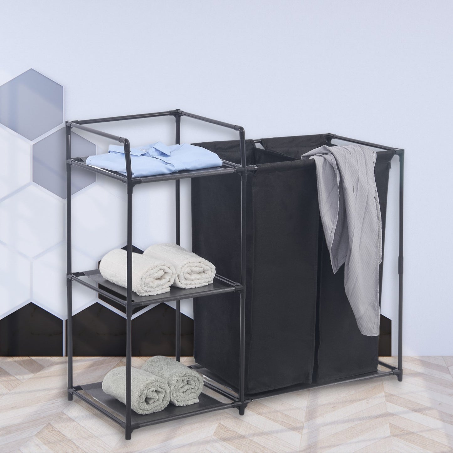 Herzberg HG-04531: 2 Detachable Bag Laundry Sorter with 3-Tier Storage Shelf