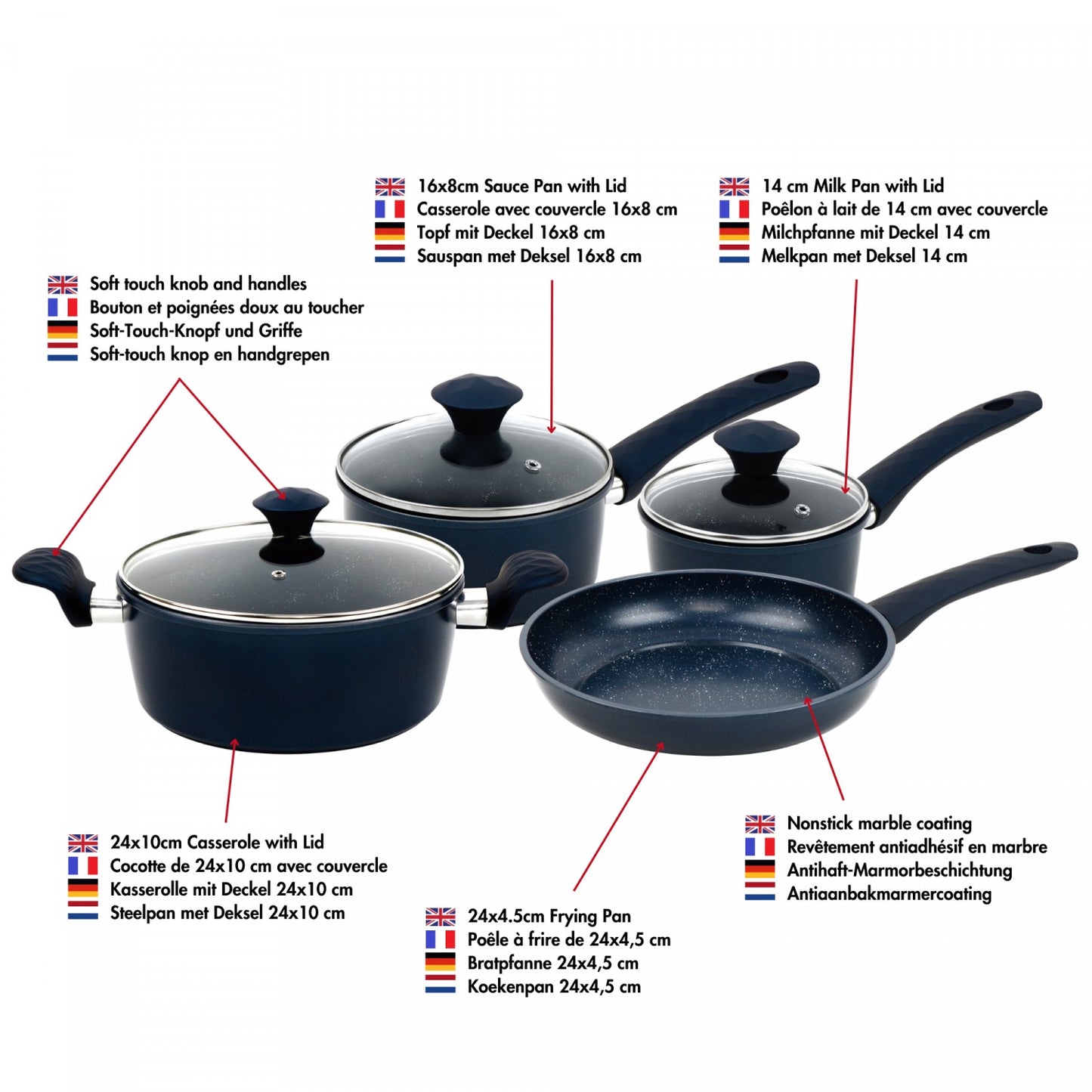 Herzberg HG-04685BLU: 7 Pieces Marble Coated Cast Iron Cookware Set - Blue