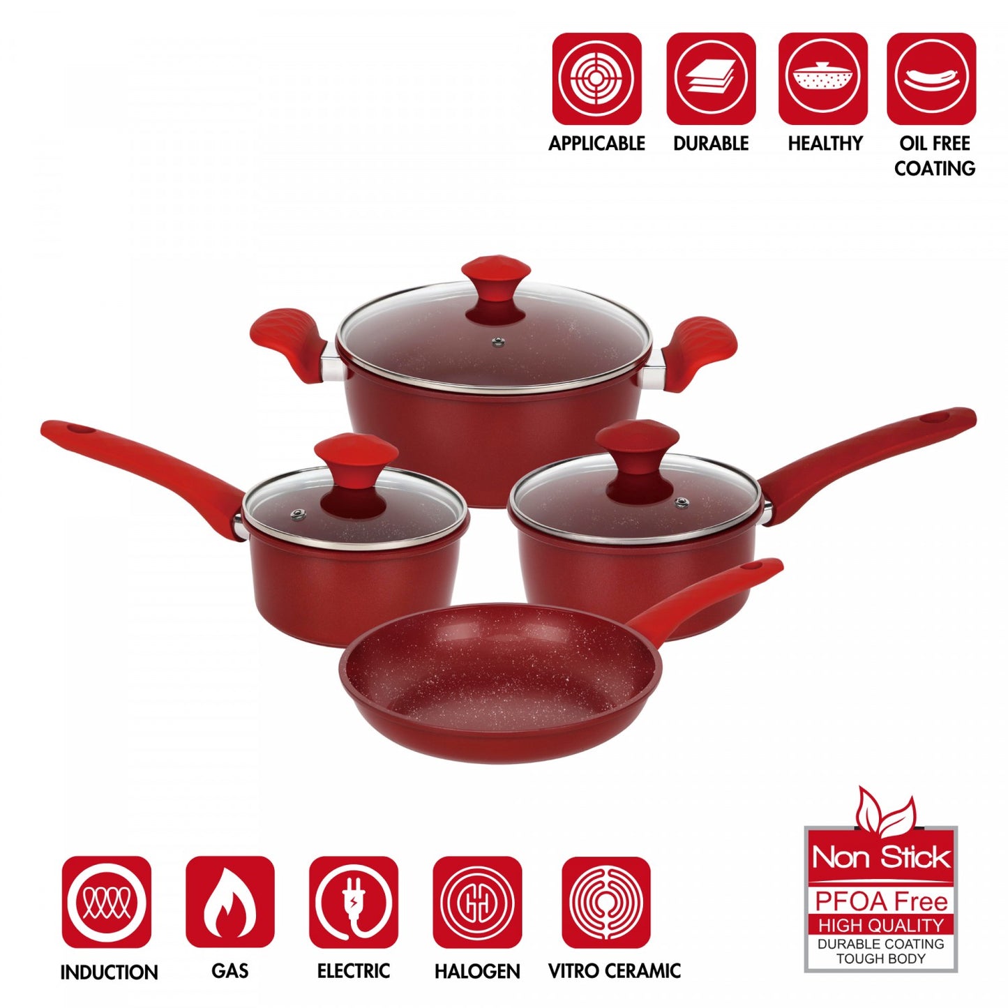 Herzberg HG-04715RED: 7 Pieces Marble Coated Cast Iron Cookware Set - Red