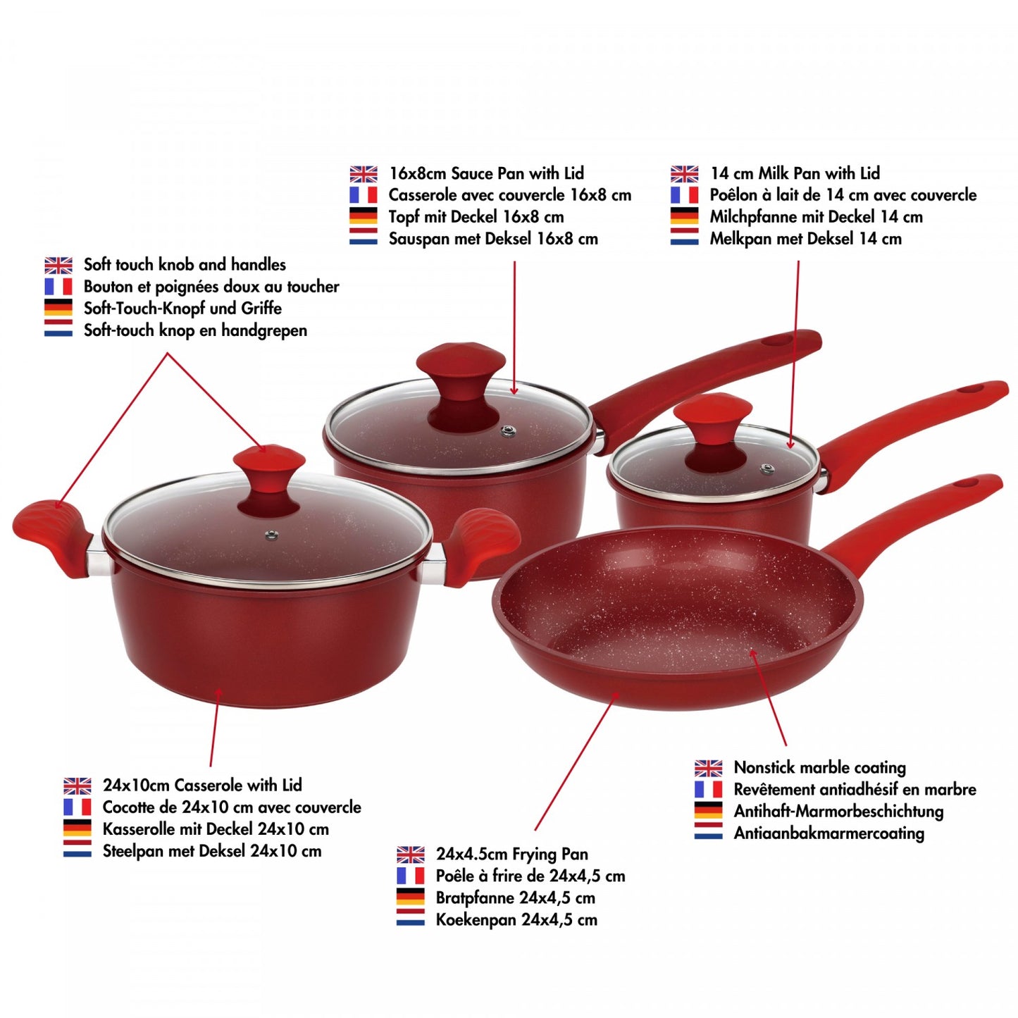 Herzberg HG-04715RED: 7 Pieces Marble Coated Cast Iron Cookware Set - Red