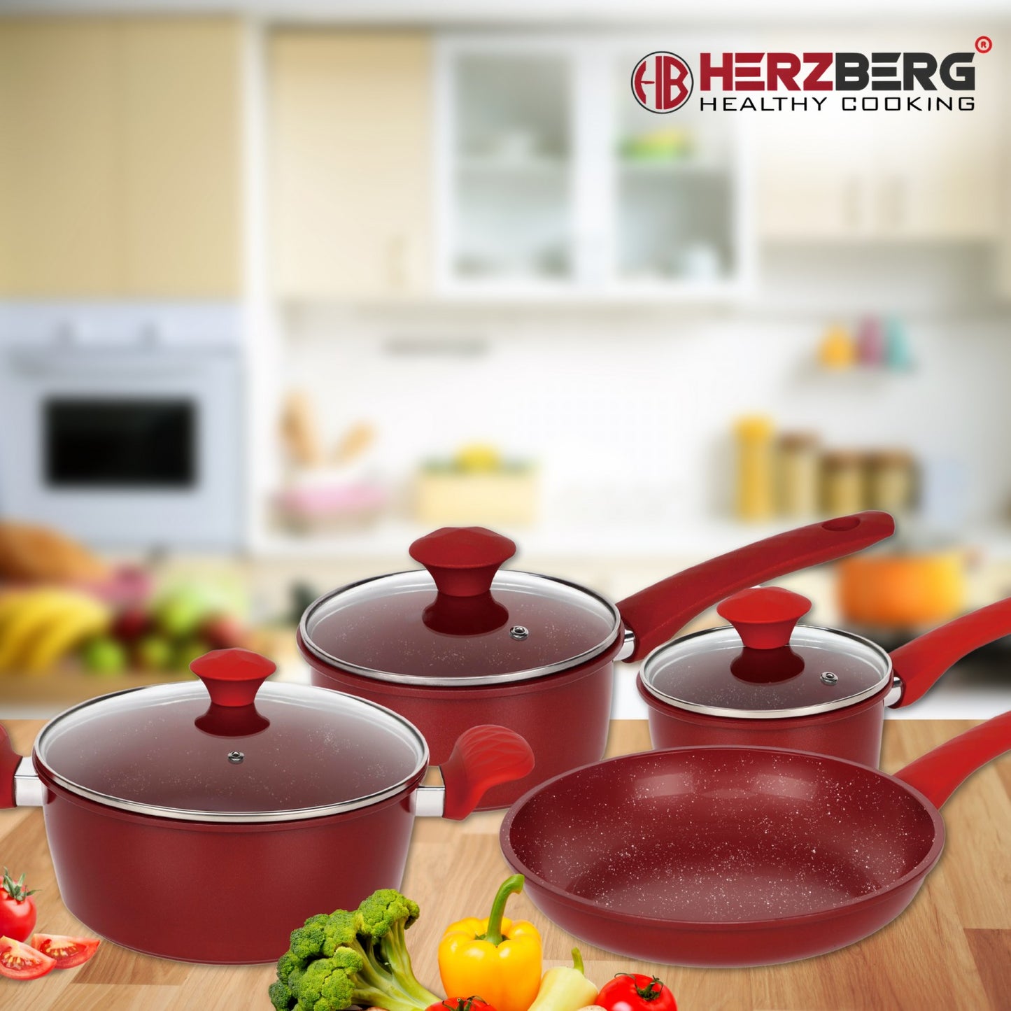 Herzberg HG-04715RED: 7 Pieces Marble Coated Cast Iron Cookware Set - Red
