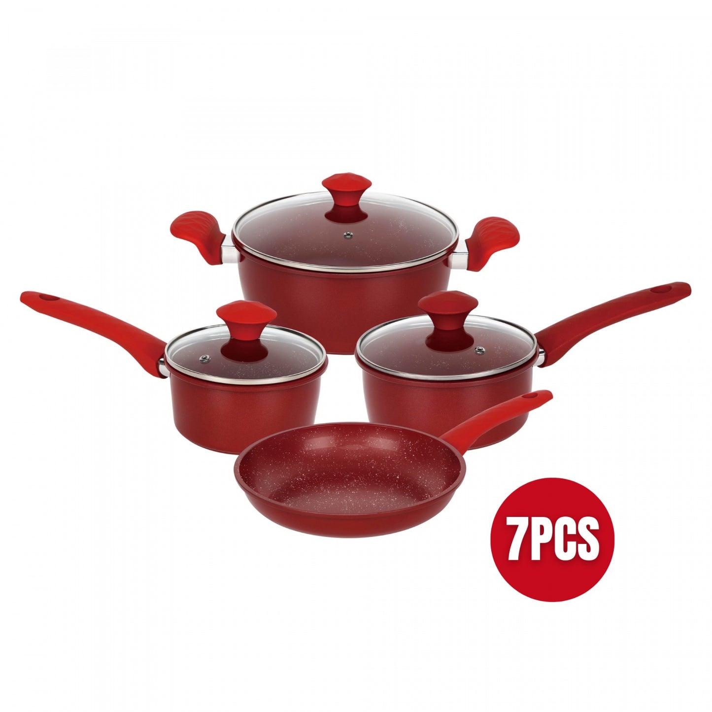 Herzberg HG-04715RED: 7 Pieces Marble Coated Cast Iron Cookware Set - Red