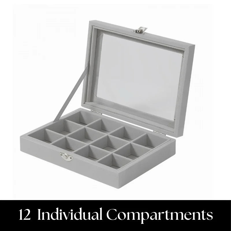 Herzberg HG-05309: Elegant Glass Lid Jewelry Organizer with 12 Compartments