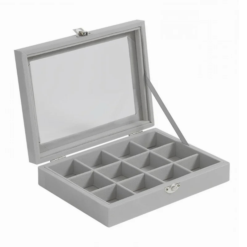 Herzberg HG-05309: Elegant Glass Lid Jewelry Organizer with 12 Compartments
