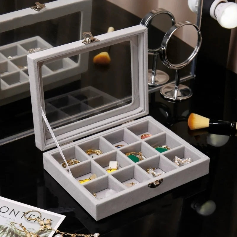 Herzberg HG-05309: Elegant Glass Lid Jewelry Organizer with 12 Compartments