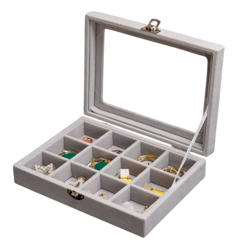 Herzberg HG-05309: Elegant Glass Lid Jewelry Organizer with 12 Compartments