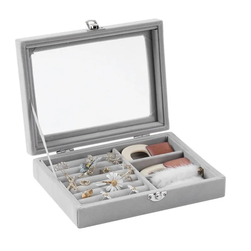 Herzberg HG-05330: Velvet Jewelry Organizer with Glass Lid, 3 Grids + 7 Ring Slots