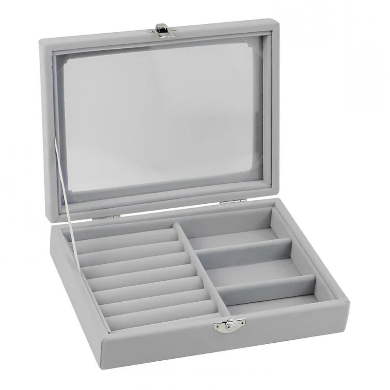 Herzberg HG-05330: Velvet Jewelry Organizer with Glass Lid, 3 Grids + 7 Ring Slots
