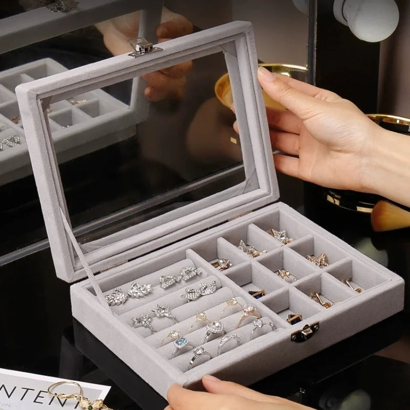 Herzberg HG-05361: Velvet Jewelry Organizer with Glass Lid, 9 Grids + 7 Ring Slots