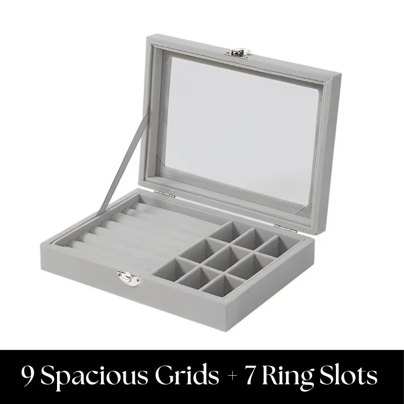 Herzberg HG-05361: Velvet Jewelry Organizer with Glass Lid, 9 Grids + 7 Ring Slots