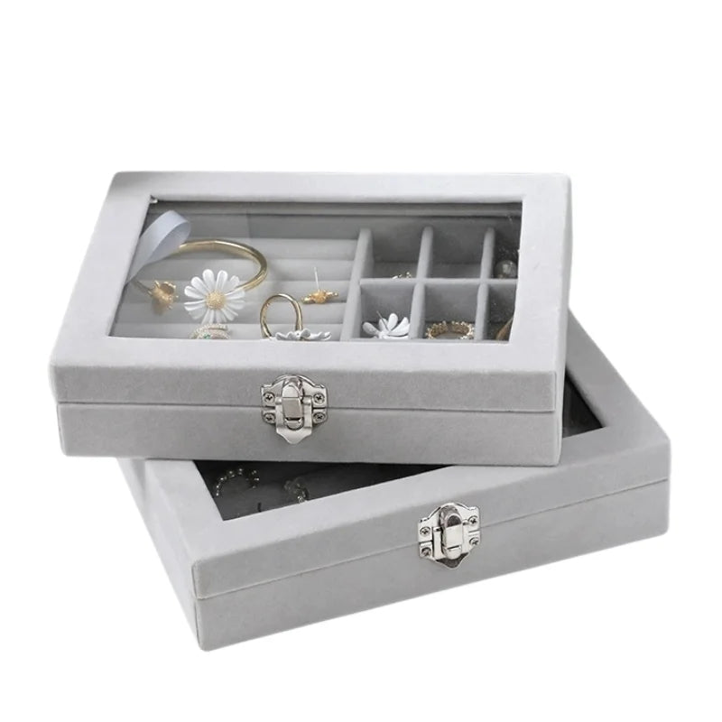Herzberg HG-05361: Velvet Jewelry Organizer with Glass Lid, 9 Grids + 7 Ring Slots