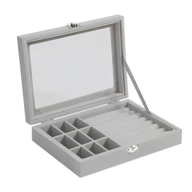 Herzberg HG-05361: Velvet Jewelry Organizer with Glass Lid, 9 Grids + 7 Ring Slots