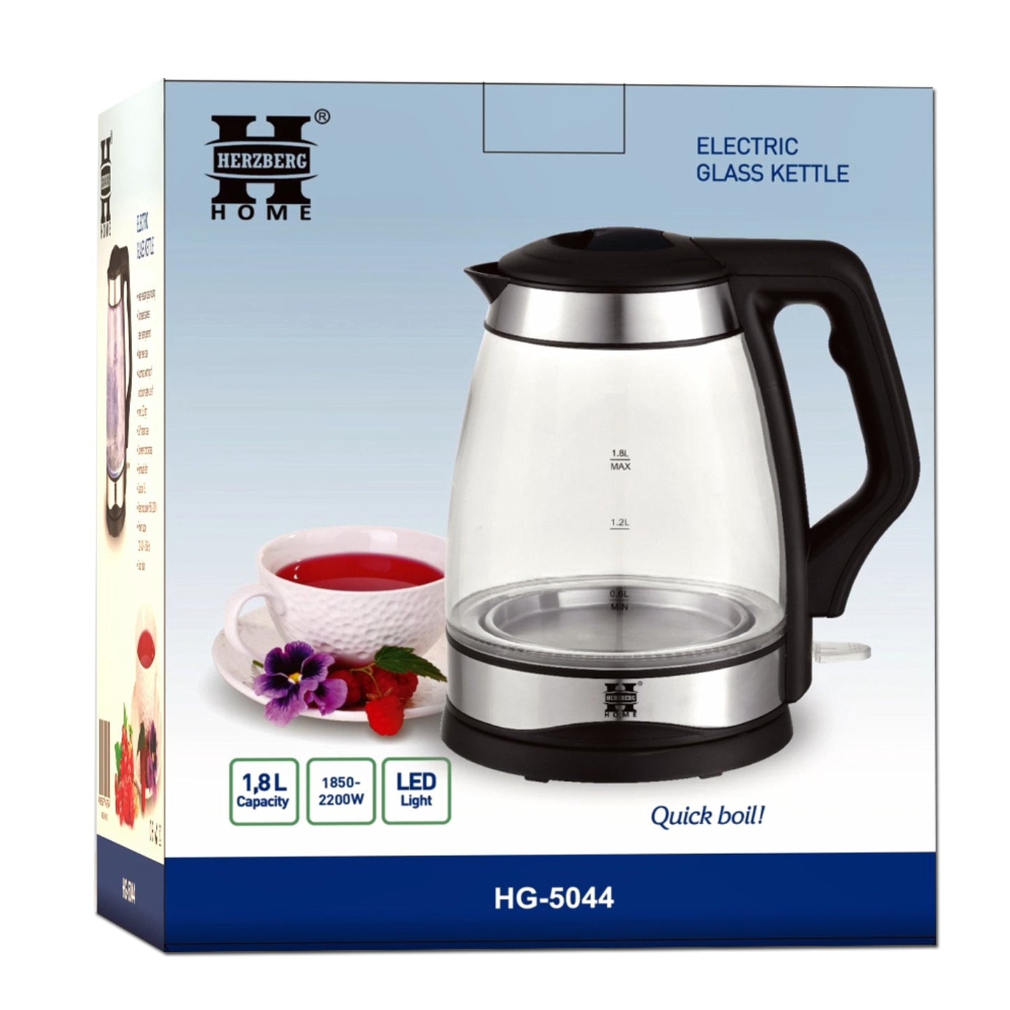Herzberg HG-5044: 1.8L Electric Glass Kettle With LED Light Indicator