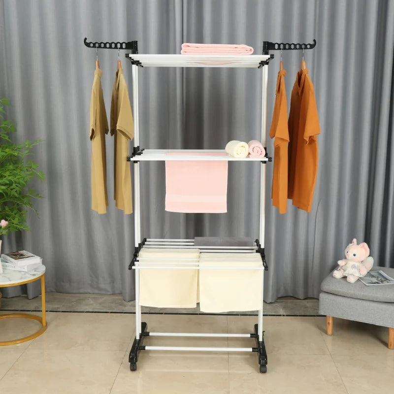 Herzberg HG-8034BW: Moving Clothes Rack - Black Plastic with White Tubes