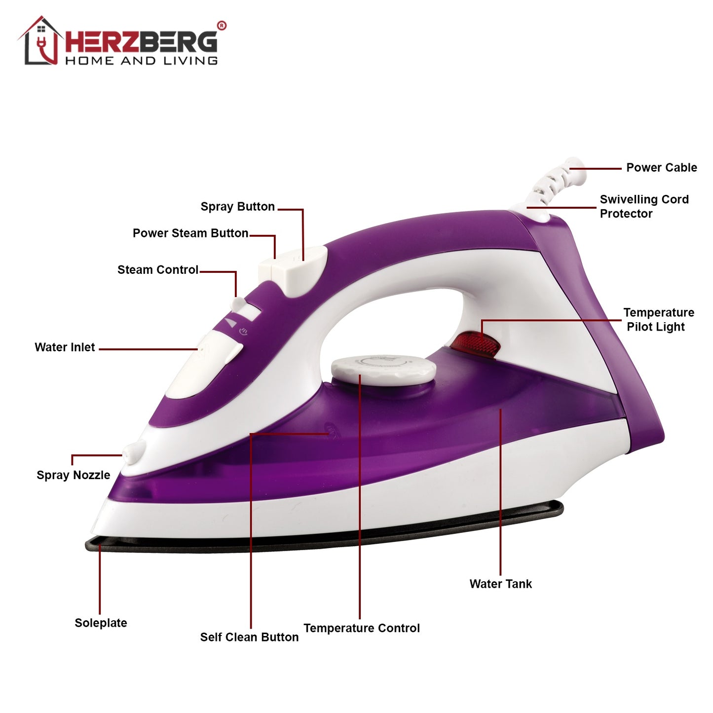 Herzberg HG-8036: 2200W Steam Iron - Purple