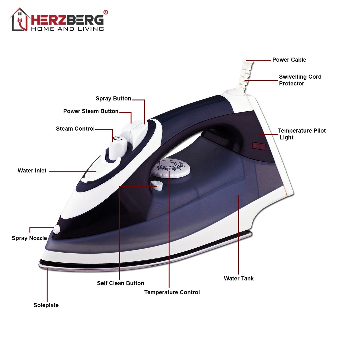 Herzberg HG-8037: 2200W Steam Iron - Dark Blue