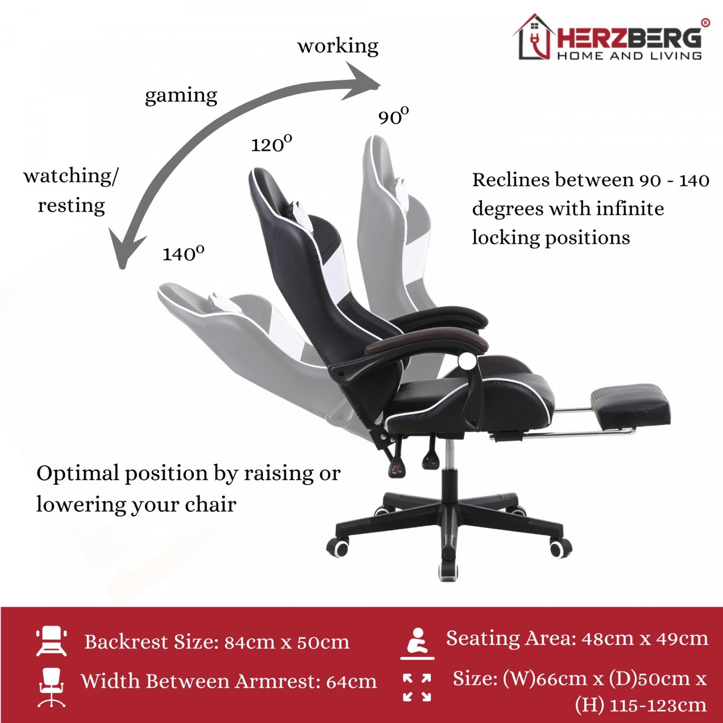 Herzberg HG-8083: Tri-color Gaming and Office Chair with Linear Accent Red